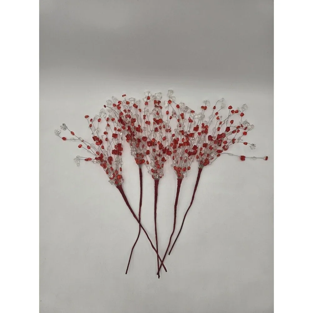 Lot Of 5‎ Acrylic Bead Spray Red & Clear Picks Holiday Craft Flower Arrangement